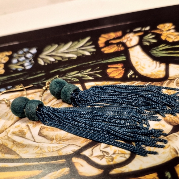 Forest Dark Green Teal Metal Tassel Earrings - Picture 2 of 6